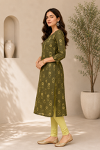 Olive Green Floral Printed Kurti