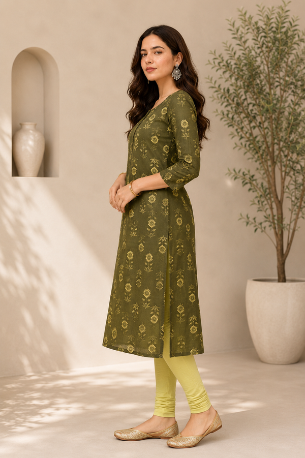 Olive Green Floral Printed Kurti