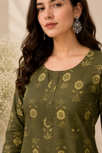 Olive Green Floral Printed Kurti