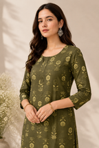 Olive Green Floral Printed Kurti