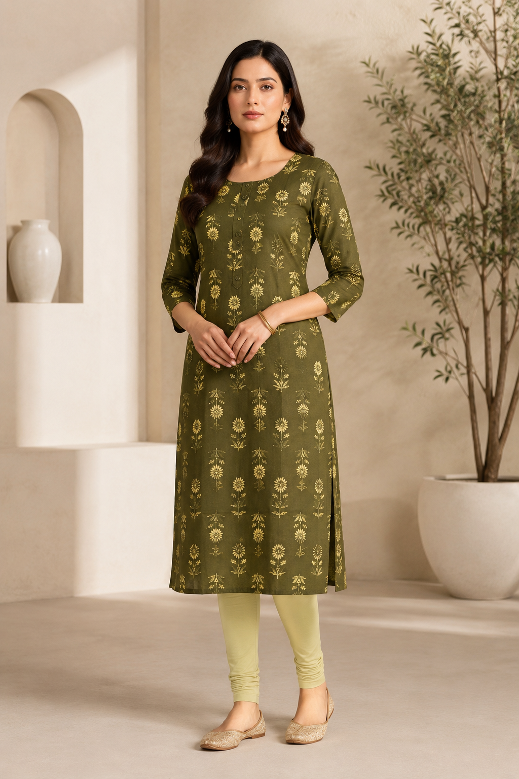 Olive Green Floral Printed Kurti