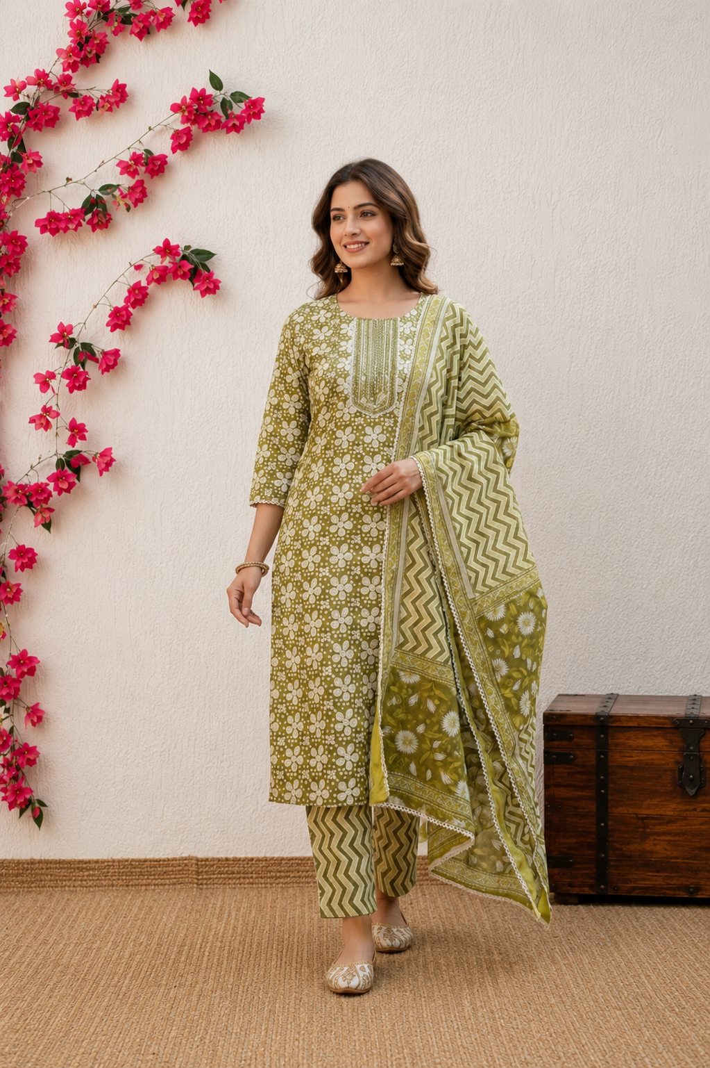 Elegant Olive Green Cotton Kurta Pant Set with Dupatta