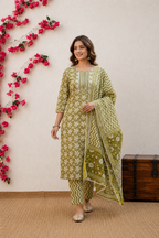 Elegant Olive Green Cotton Kurta Pant Set with Dupatta