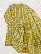 Elegant Olive Green Cotton Kurta Pant Set with Dupatta