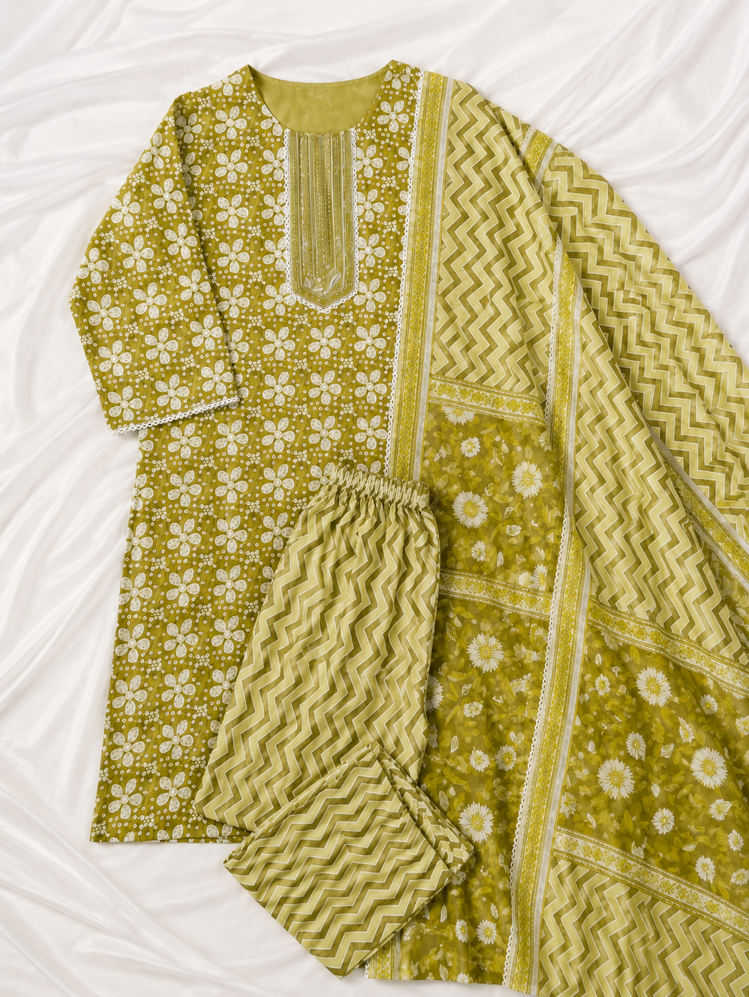 Elegant Olive Green Cotton Kurta Pant Set with Dupatta