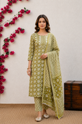 Elegant Olive Green Cotton Kurta Pant Set with Dupatta