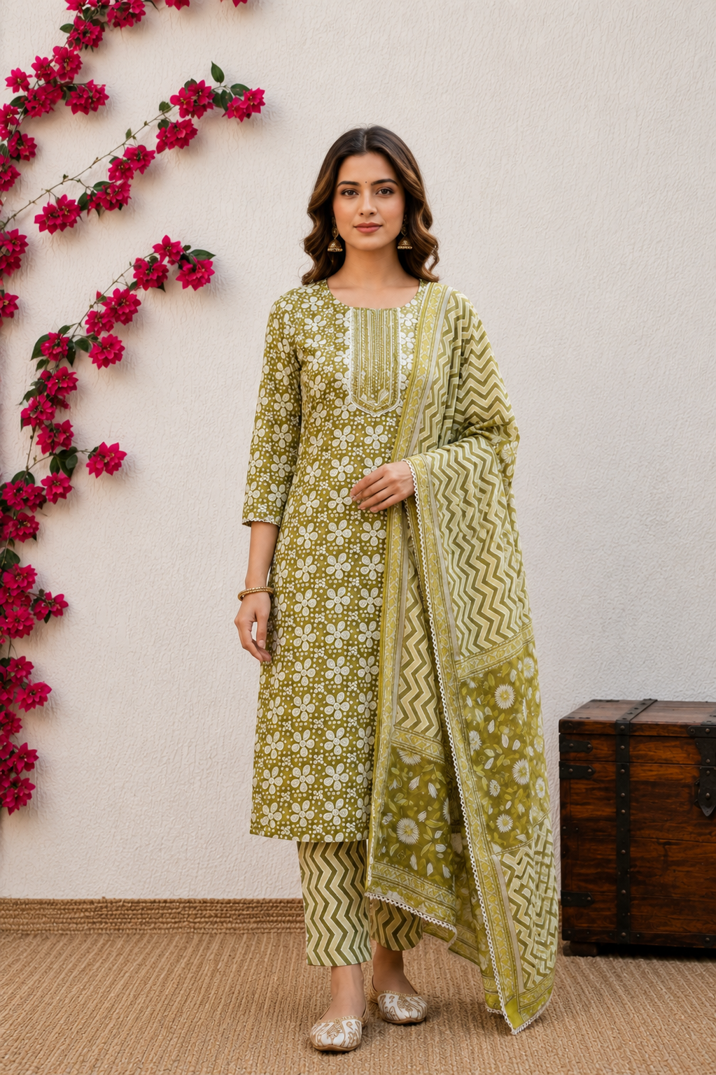 Elegant Olive Green Cotton Kurta Pant Set with Dupatta