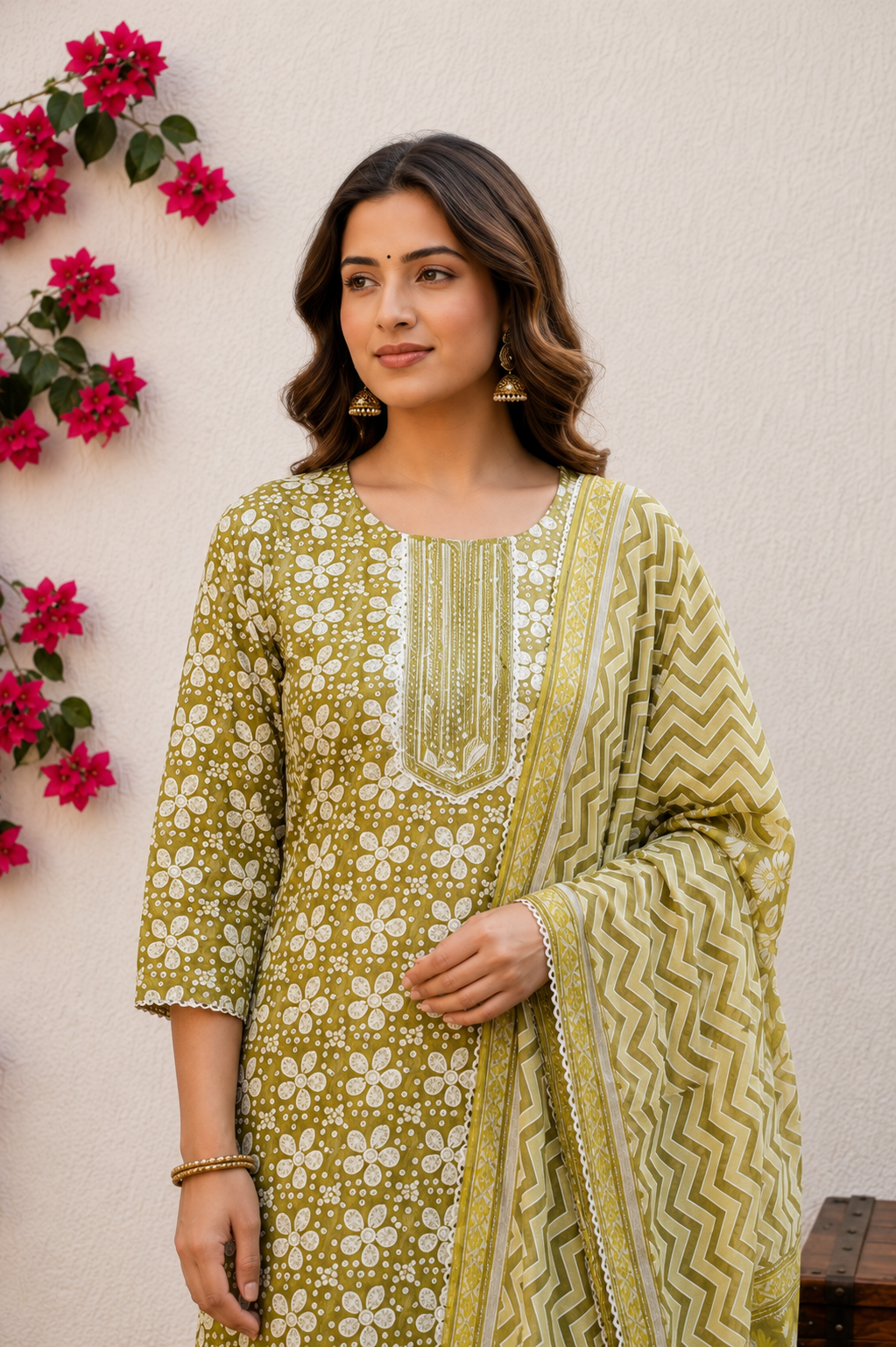 Elegant Olive Green Cotton Kurta Pant Set with Dupatta