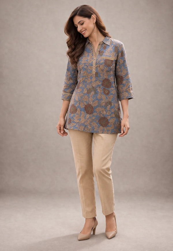 Olive Brown Floral Printed Cotton Kurti with Shirt Collar
