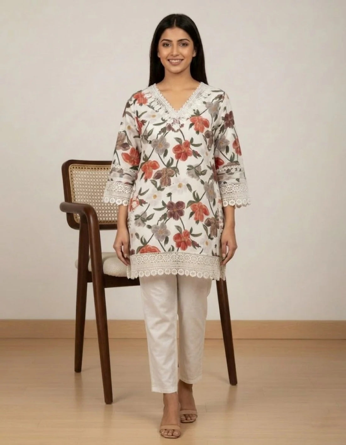 Floral Lace-Trimmed Kurti