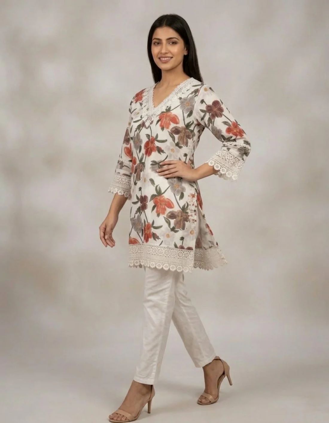 Floral Lace-Trimmed Kurti