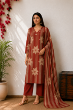 Elegant Rust-Red Floral & Striped Kurta Set