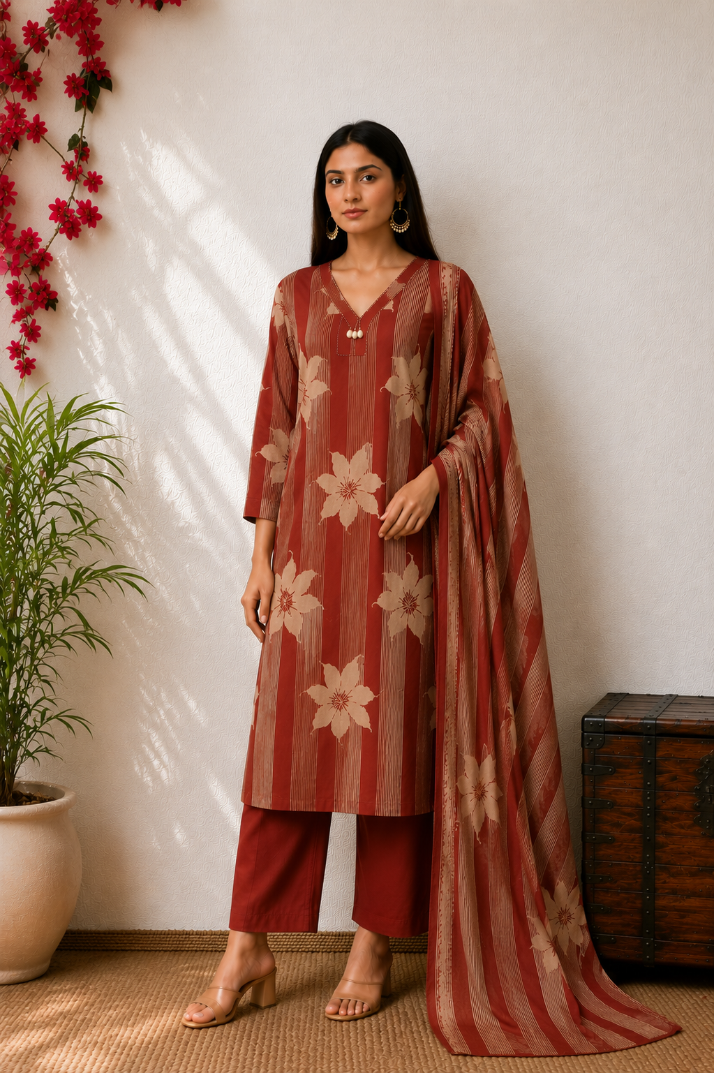 Elegant Rust-Red Floral & Striped Kurta Set