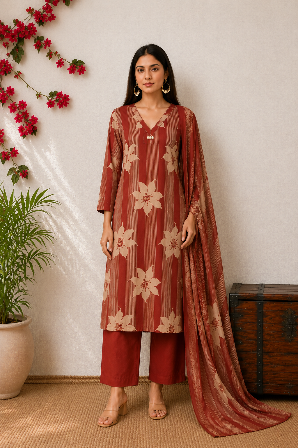 Elegant Rust-Red Floral & Striped Kurta Set