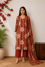 Elegant Rust-Red Floral & Striped Kurta Set