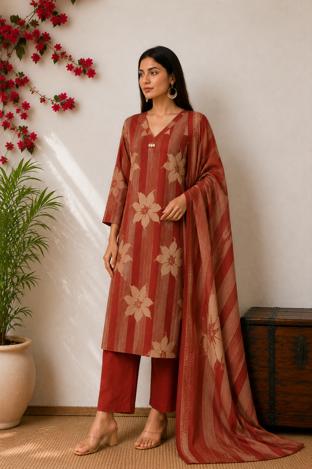 Elegant Rust-Red Floral & Striped Kurta Set