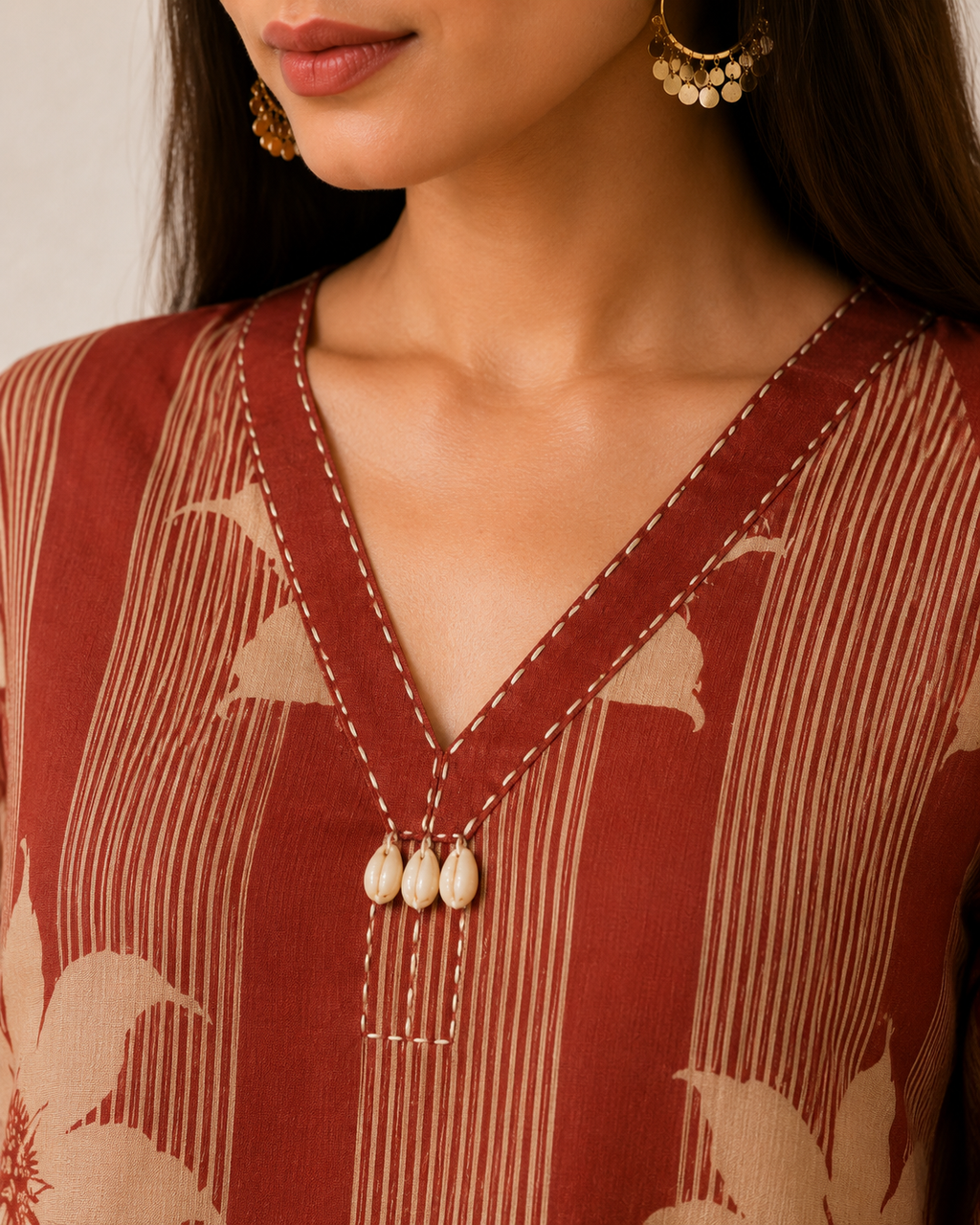 Elegant Rust-Red Floral & Striped Kurta Set