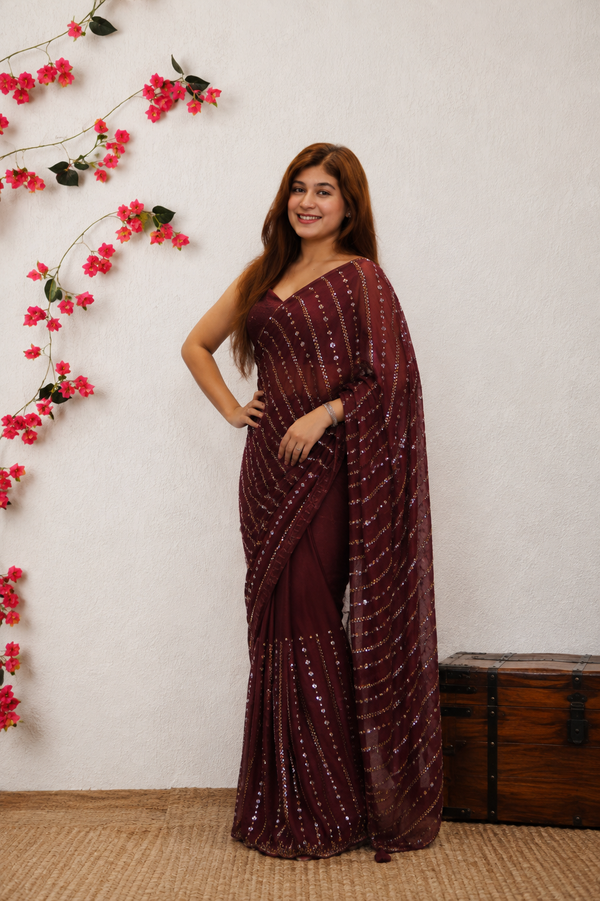 Maroon Soft Organza Embellished Saree