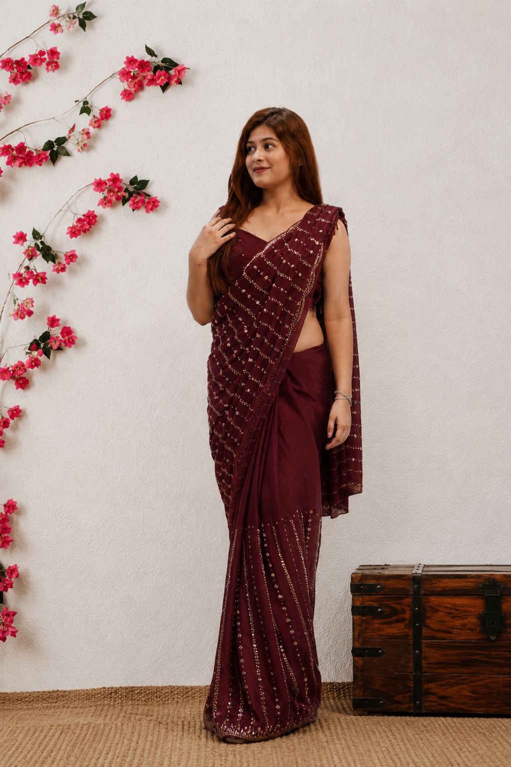 Maroon Soft Organza Embellished Saree