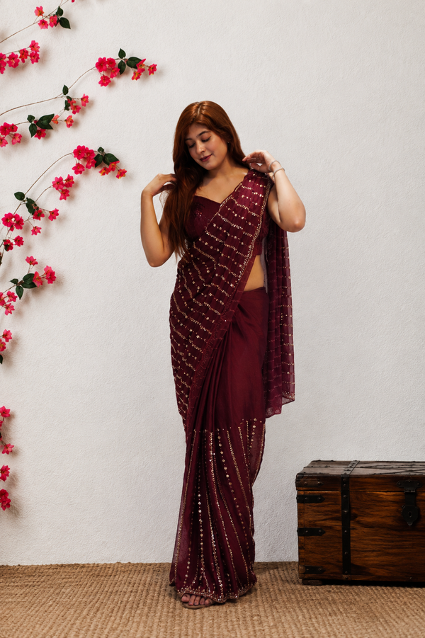 Maroon Soft Organza Embellished Saree