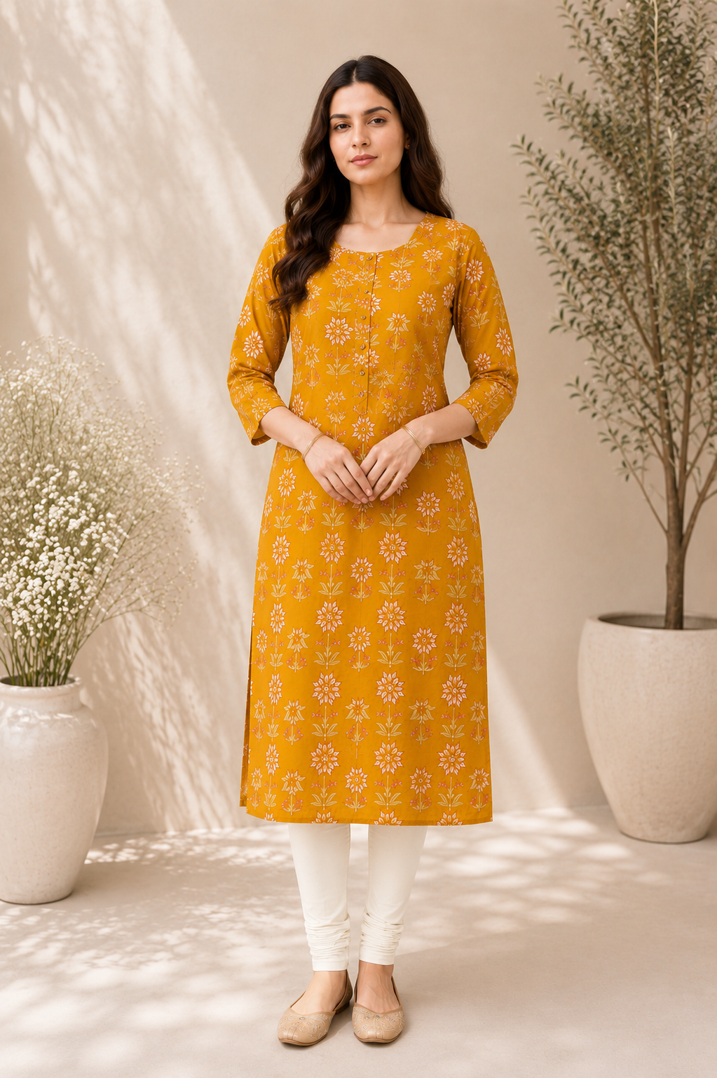 Mustard Floral Printed Kurti