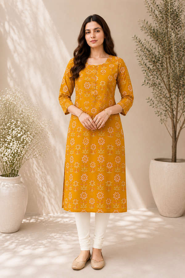 Mustard Floral Printed Kurti