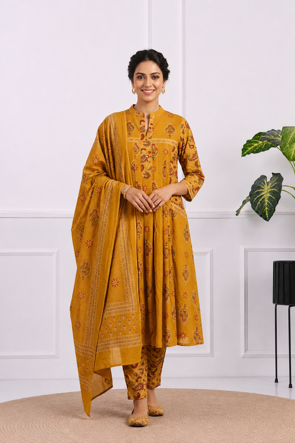 Mustard Bloom Anarkali Suit Set