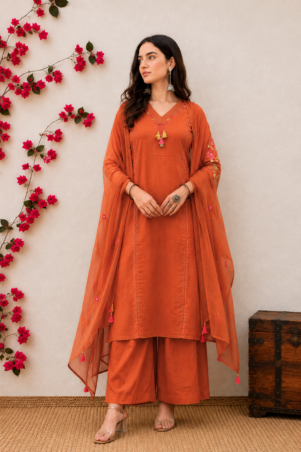 Zinnia Rust Hand-Embroidered Kurta Set with Dupatta