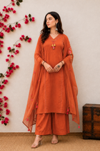 Zinnia Rust Hand-Embroidered Kurta Set with Dupatta