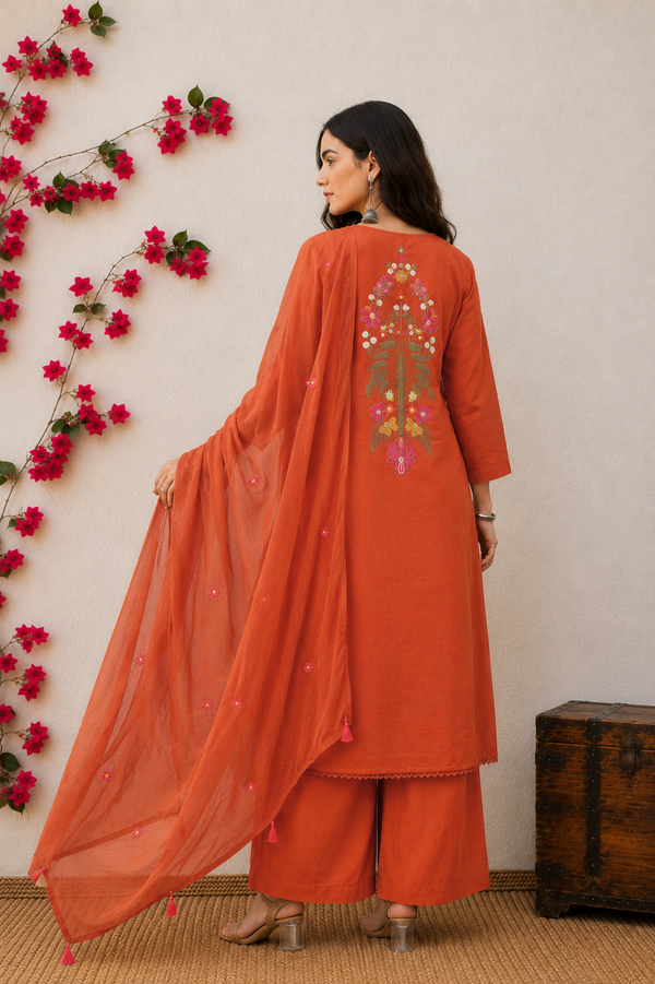Zinnia Rust Hand-Embroidered Kurta Set with Dupatta