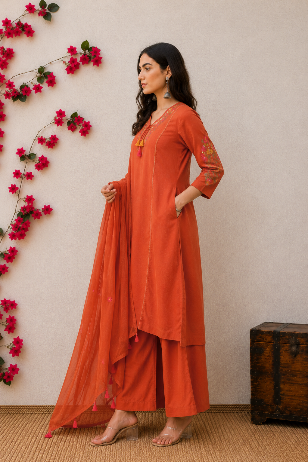Zinnia Rust Hand-Embroidered Kurta Set with Dupatta