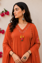 Zinnia Rust Hand-Embroidered Kurta Set with Dupatta