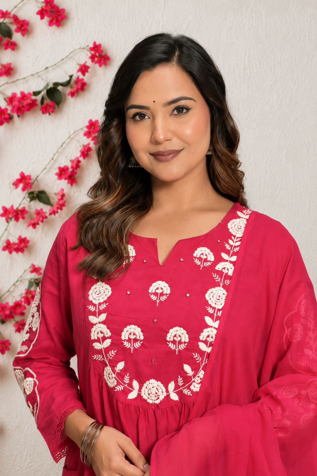 Koshaari Women's Rani Floral Embroidered Anarkali Kurta with Trousers & Dupatta Set