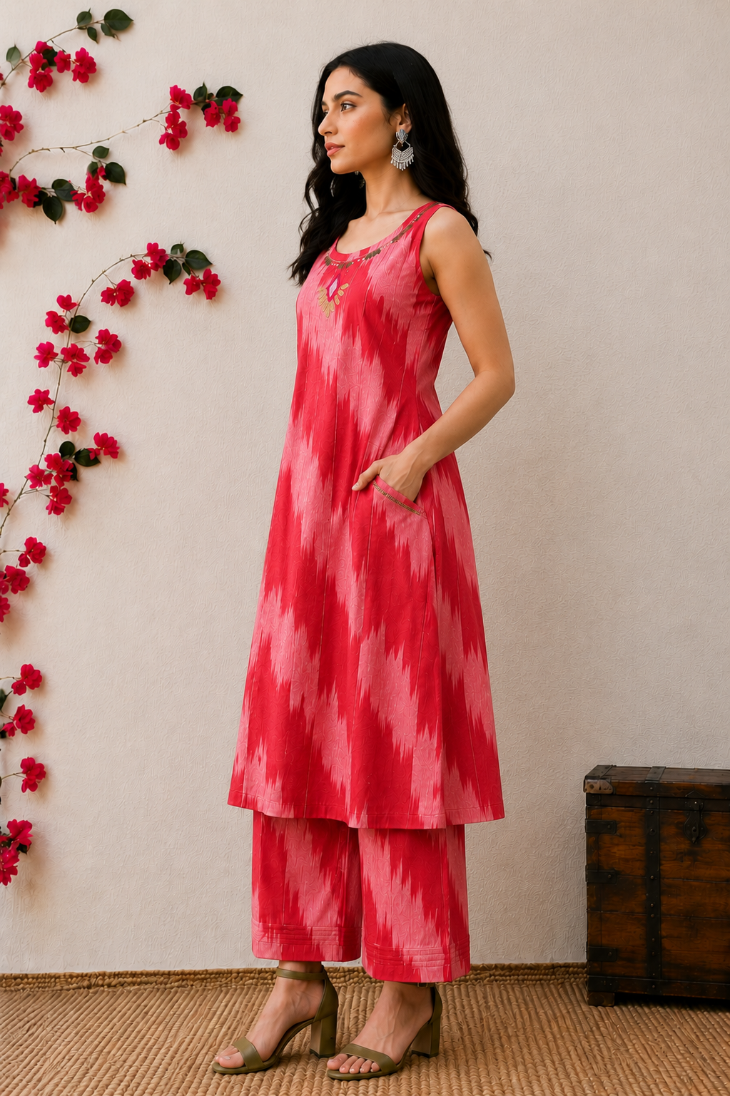Pink Ikat Print A-Line Kurta Set