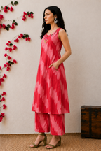 Pink Ikat Print A-Line Kurta Set