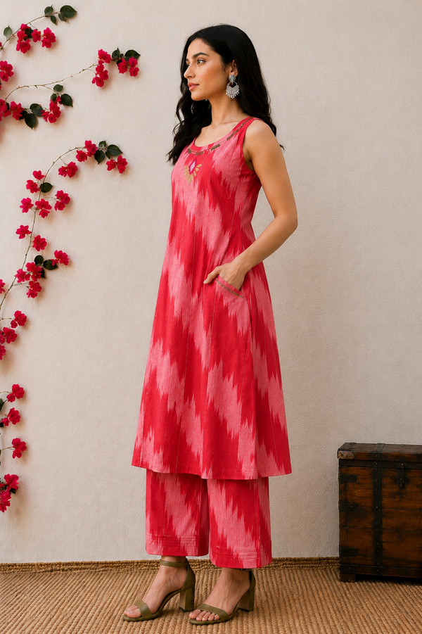 Pink Ikat Print A-Line Kurta Set