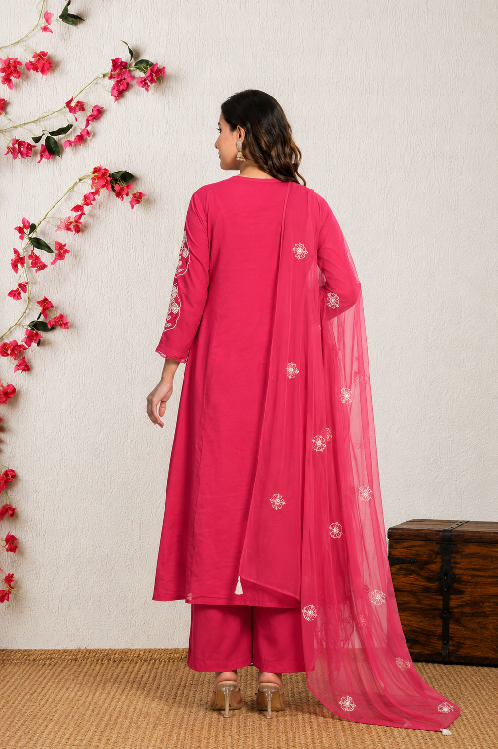 Koshaari Women's Rani Floral Embroidered Anarkali Kurta with Trousers & Dupatta Set
