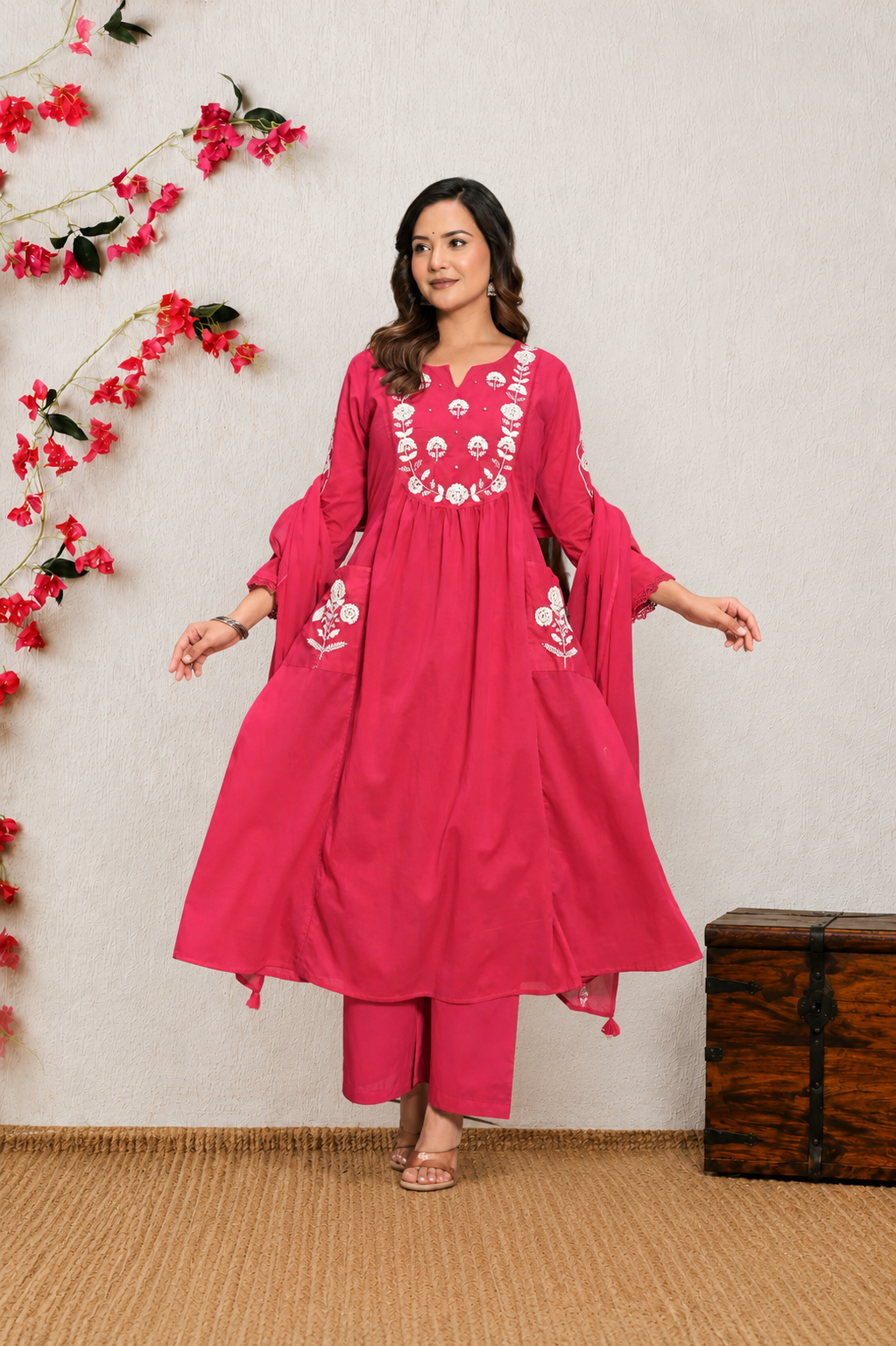Koshaari Women's Rani Floral Embroidered Anarkali Kurta with Trousers & Dupatta Set