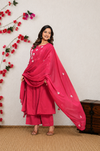 Koshaari Women's Rani Floral Embroidered Anarkali Kurta with Trousers & Dupatta Set