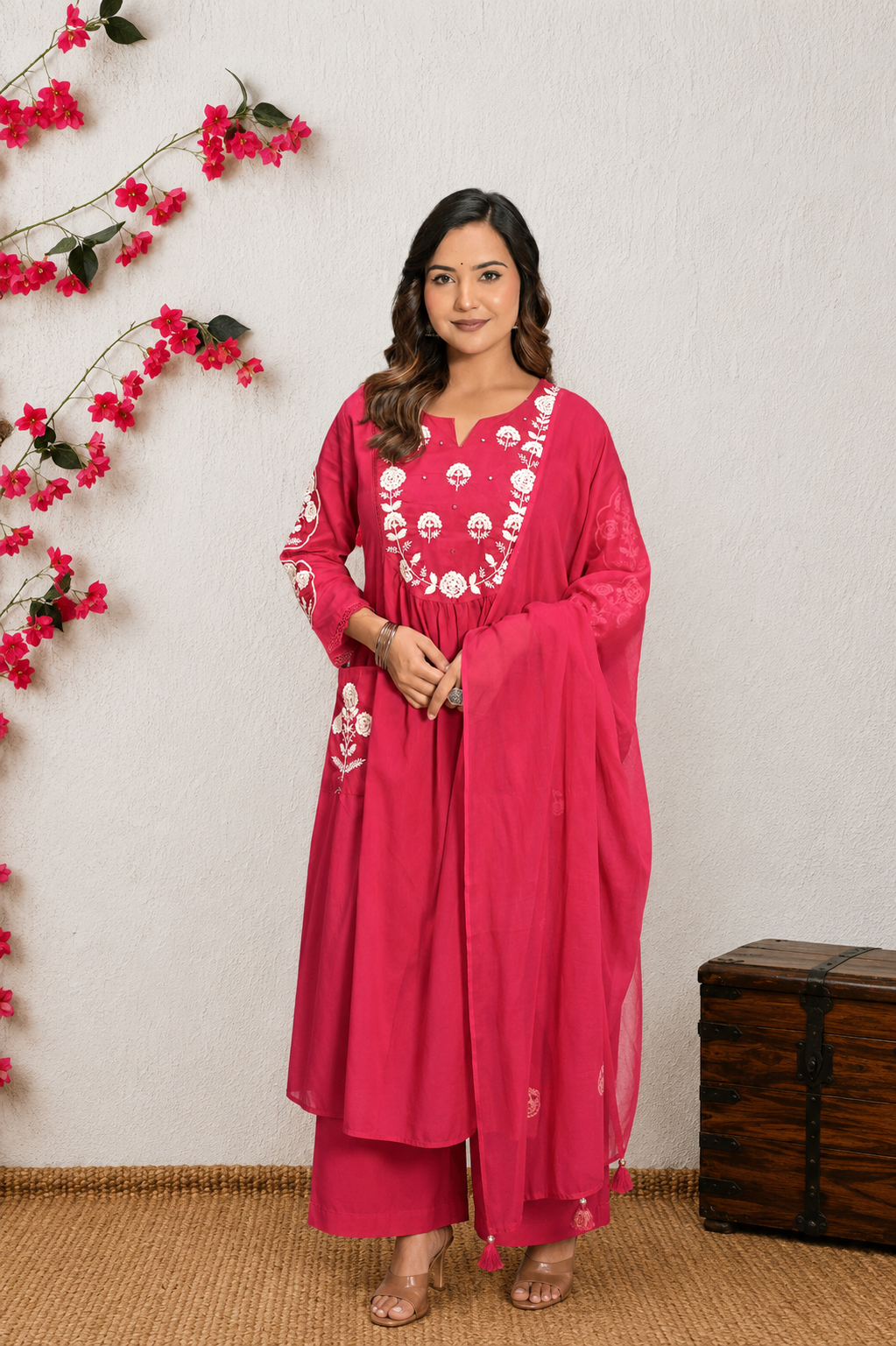 Koshaari Women's Rani Floral Embroidered Anarkali Kurta with Trousers & Dupatta Set