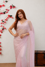 Blush Pink Pearl & Sequin Work Premium Net Saree
