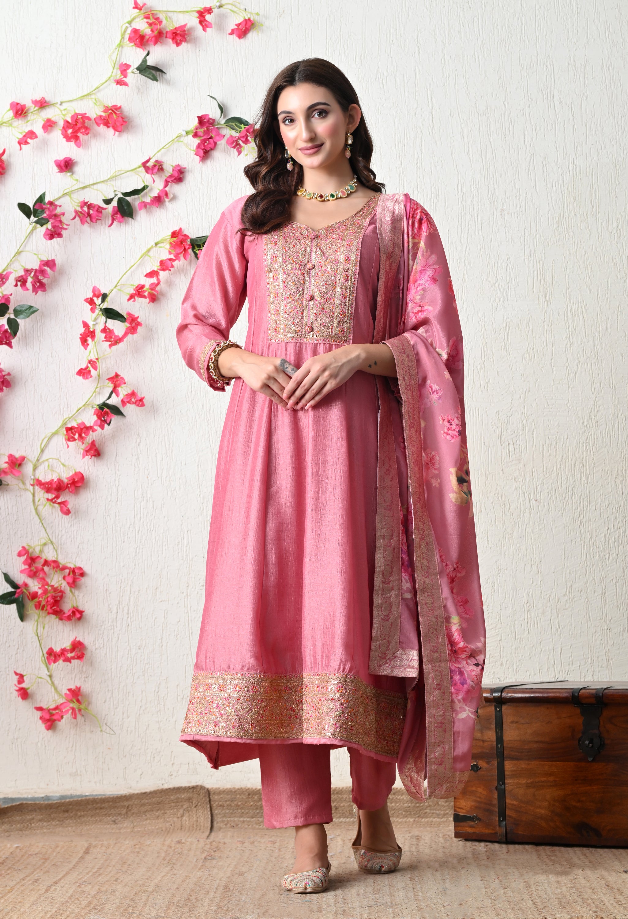 Soft Onion Pink Embroidered Anarkali Suit Set