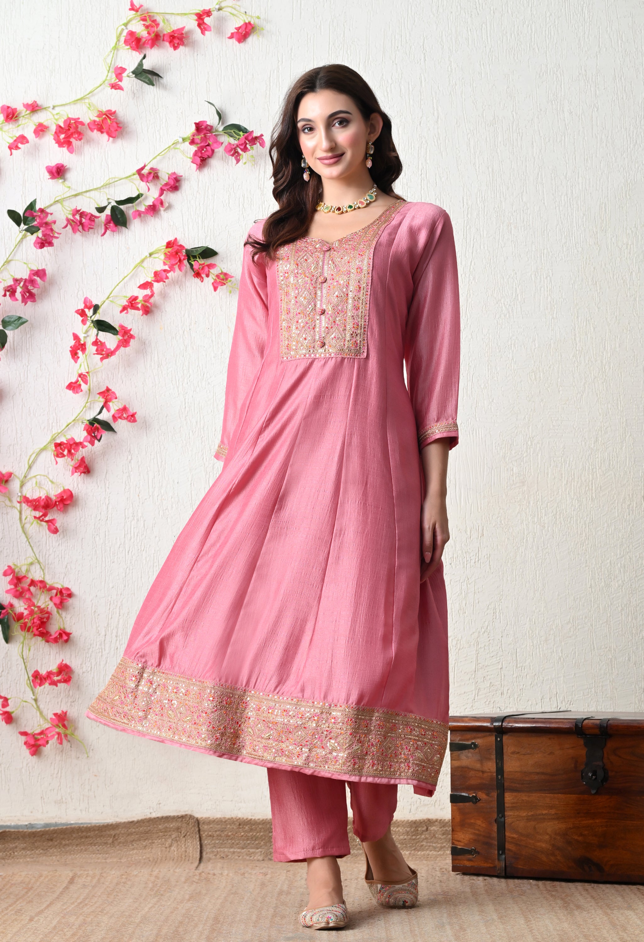 Soft Onion Pink Embroidered Anarkali Suit Set