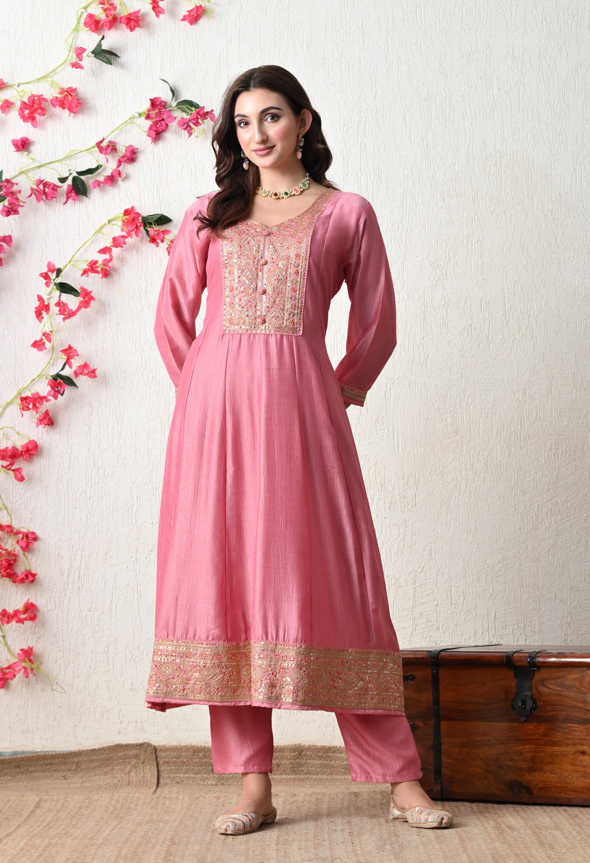 Soft Onion Pink Embroidered Anarkali Suit Set