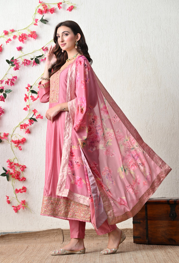 Soft Onion Pink Embroidered Anarkali Suit Set
