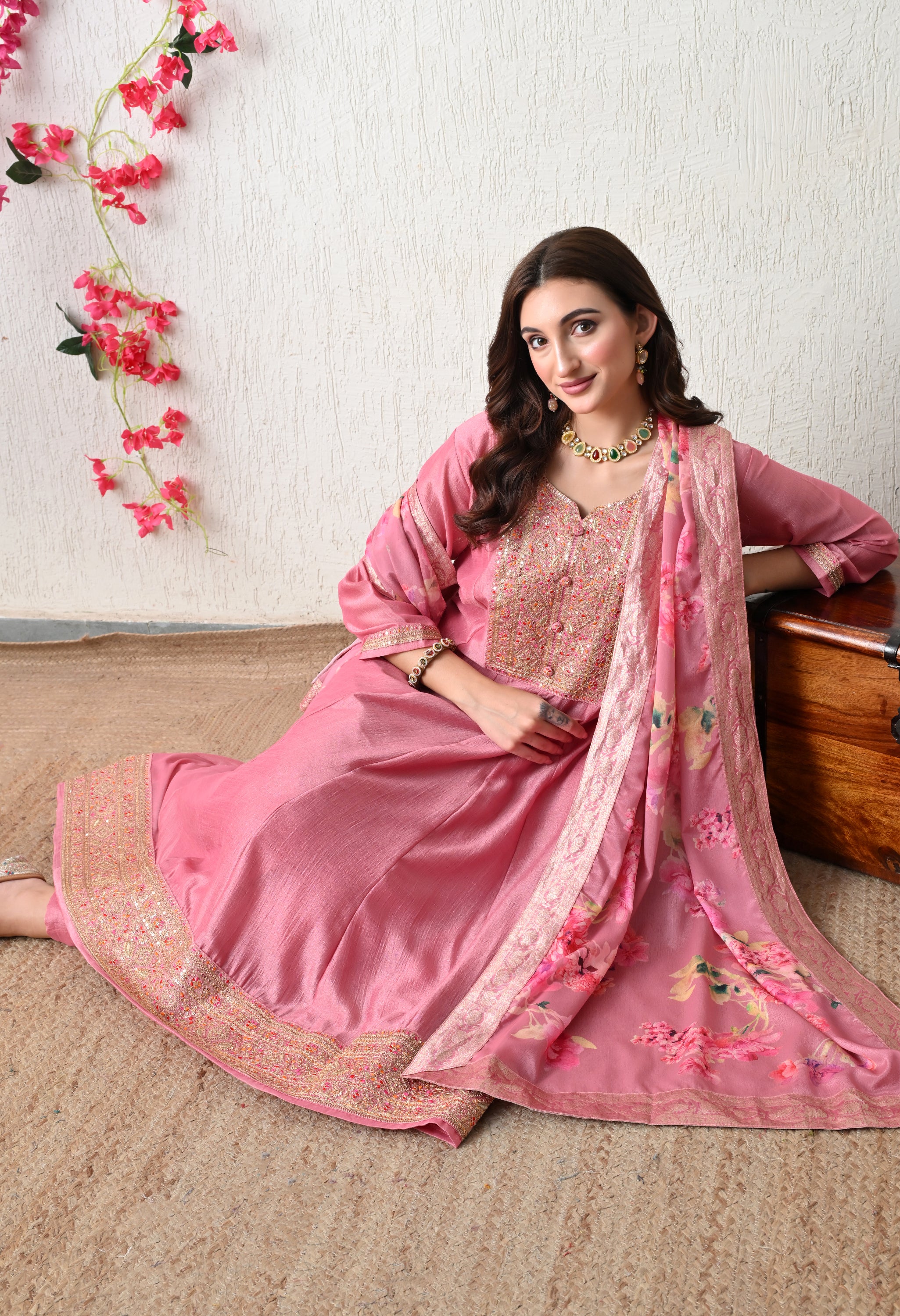 Soft Onion Pink Embroidered Anarkali Suit Set