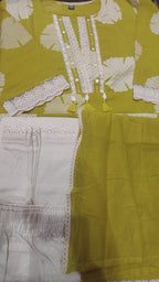 Olive Green kurti with off white pant Lacework