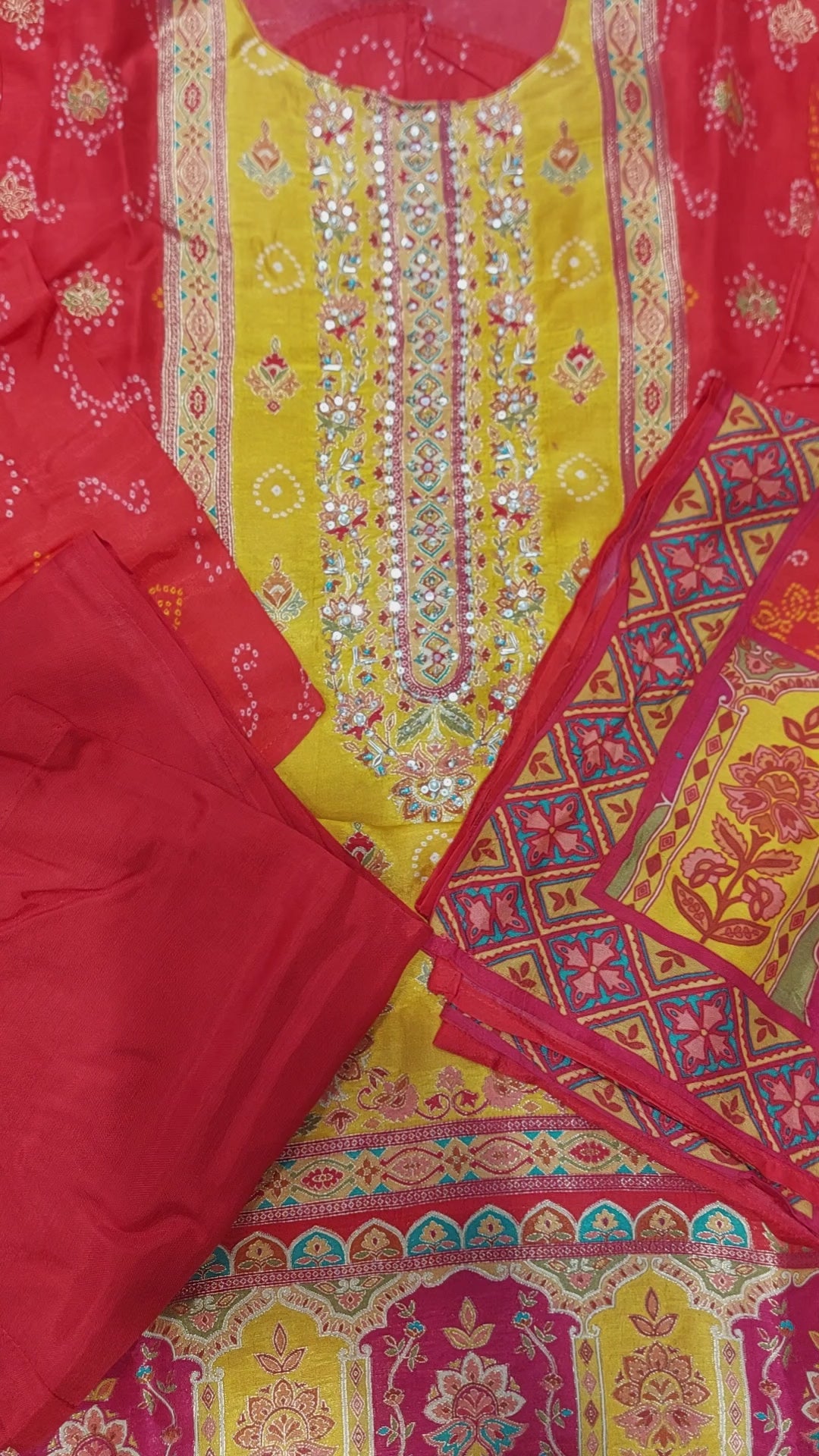 Red & Mustard Bandhani Print Kurta Set with Dupatta