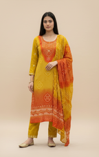 Bandani red Yellow Floral Kurti Set