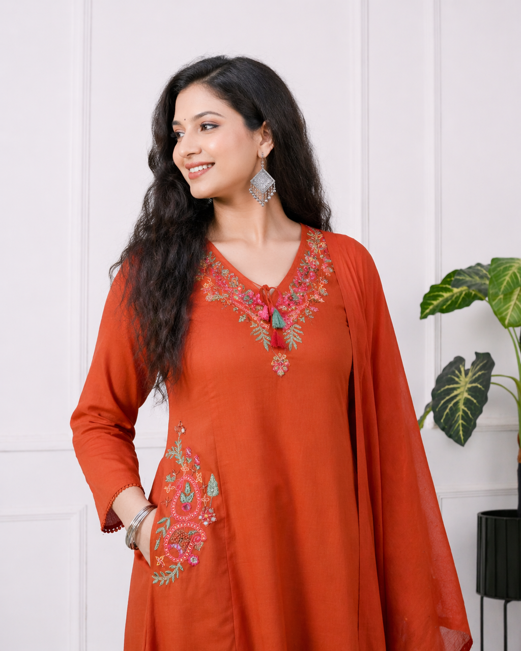 Koshaari Rust Orange Floral Embroidered Kurti Set with Dupatta